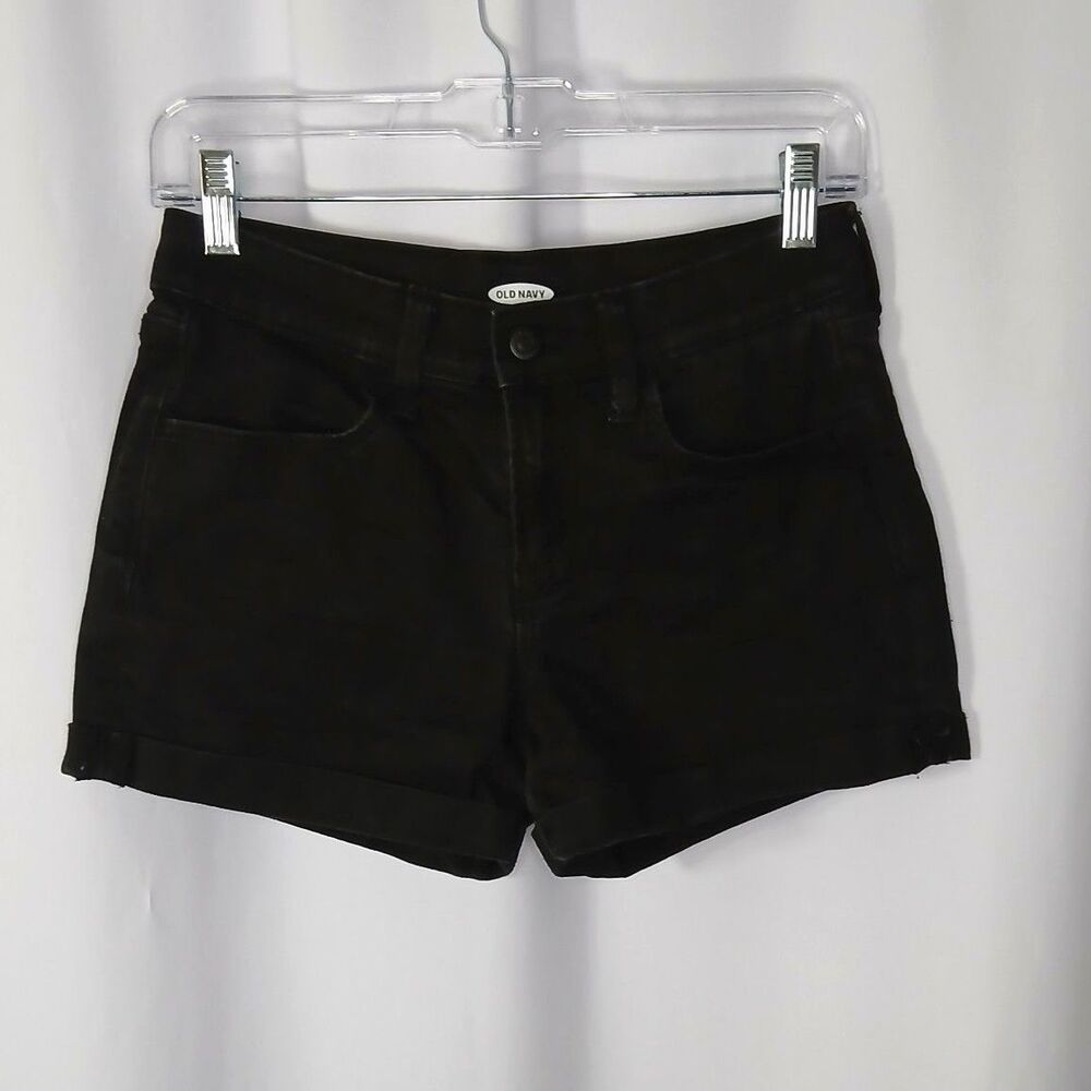 Old Navy Wow Denim Jeans Shorts Cuffed Mid Rise Stretch Black Pckets Womens sz 2
